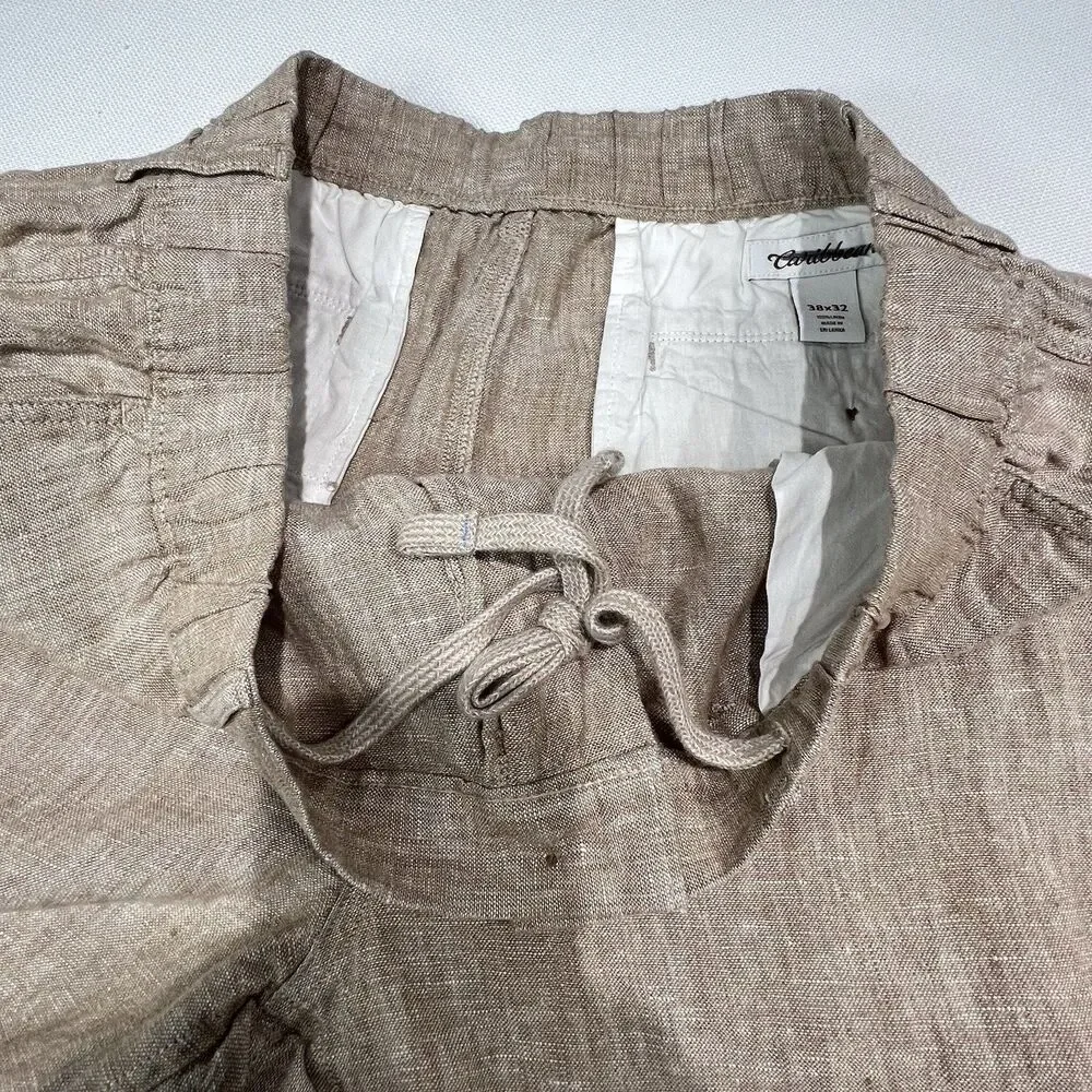 Caribbean Mens 100% Linen Pants Sz 38x31 Beige Draw String Resort Preppy Beachy